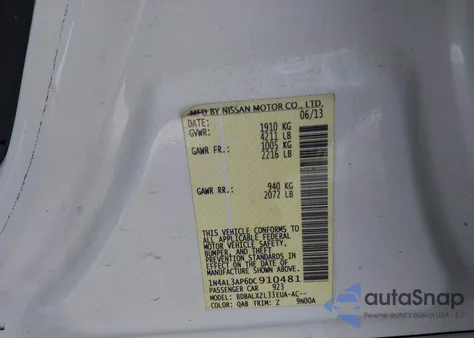 2013 Nissan Altima 2.5 Sl z USA, uszkodzony, nr VIN 1N4AL3AP6DC910481